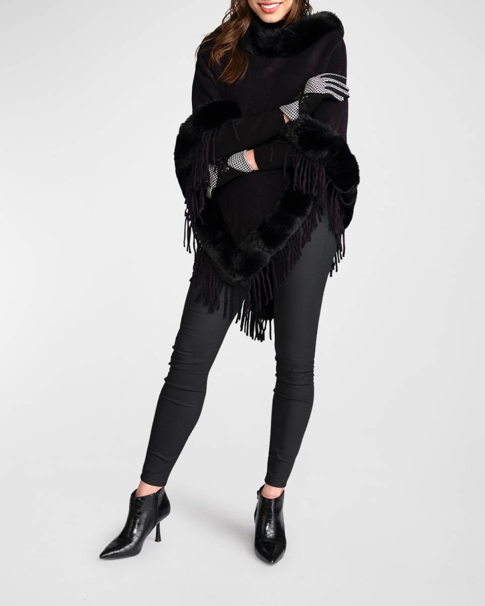 Angela Knit Poncho w/ Faux Fur-Trim